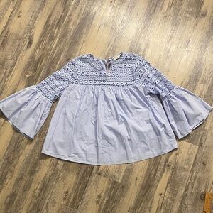 La Ven Cotton Top Bell Sleeve Crocket Detail Blue Size Medium
